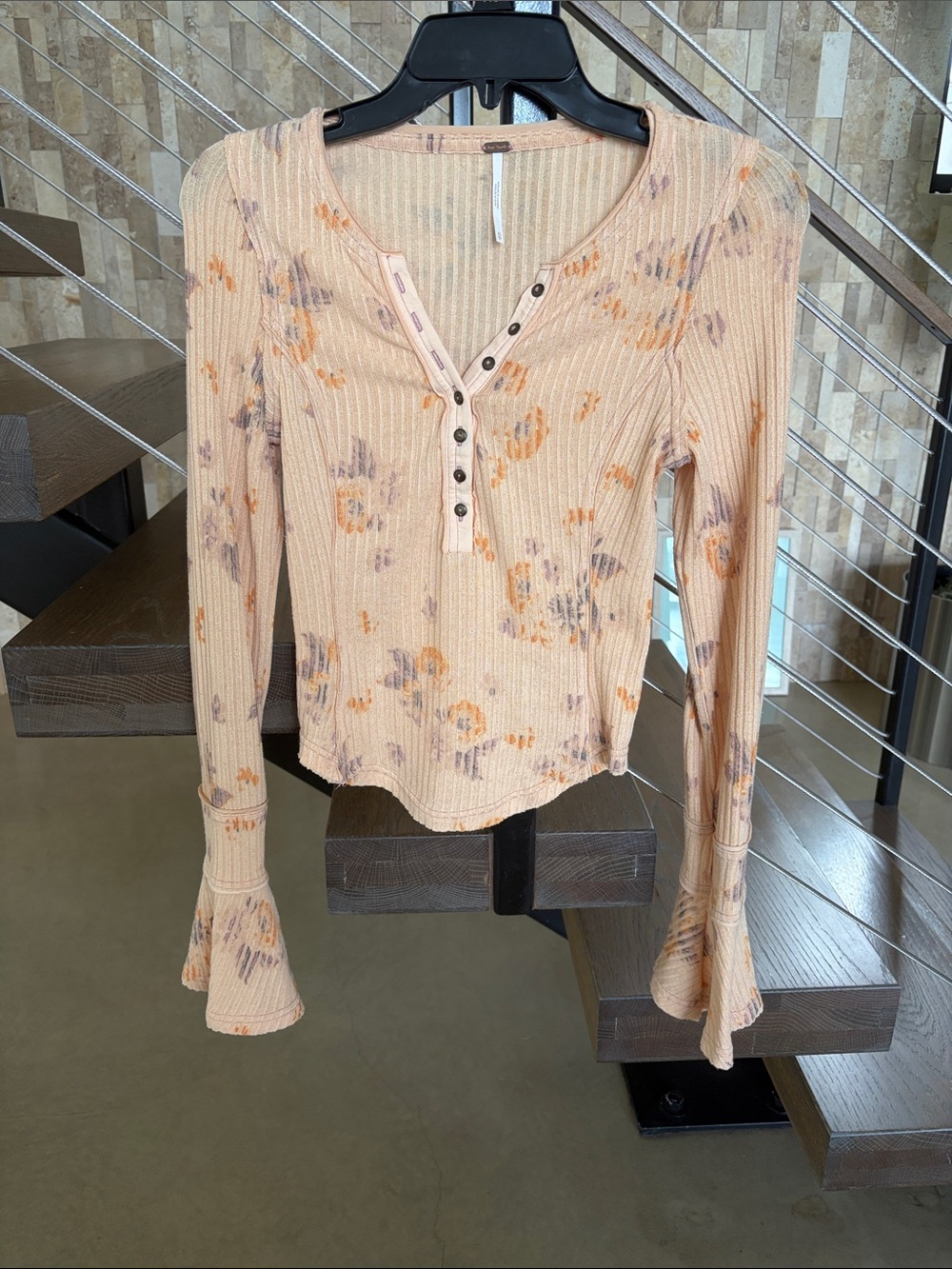 Free People Peach Floral Ribbed Henley Long Sleeve Top